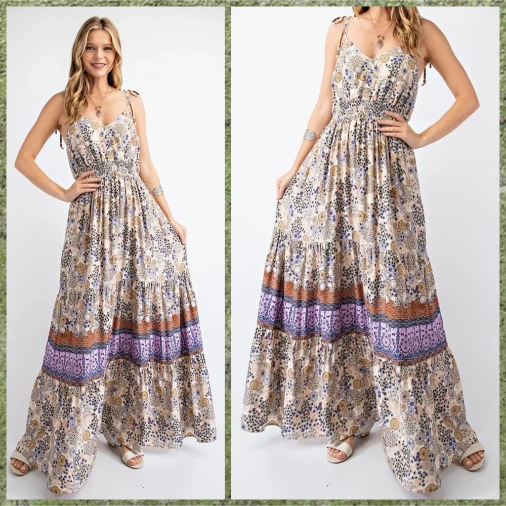 EASEL "Summer Dreams" Sexy Tiered Flowy Maxi Dress Smocked Waist Self-Tie Straps - Picture 9 of 15